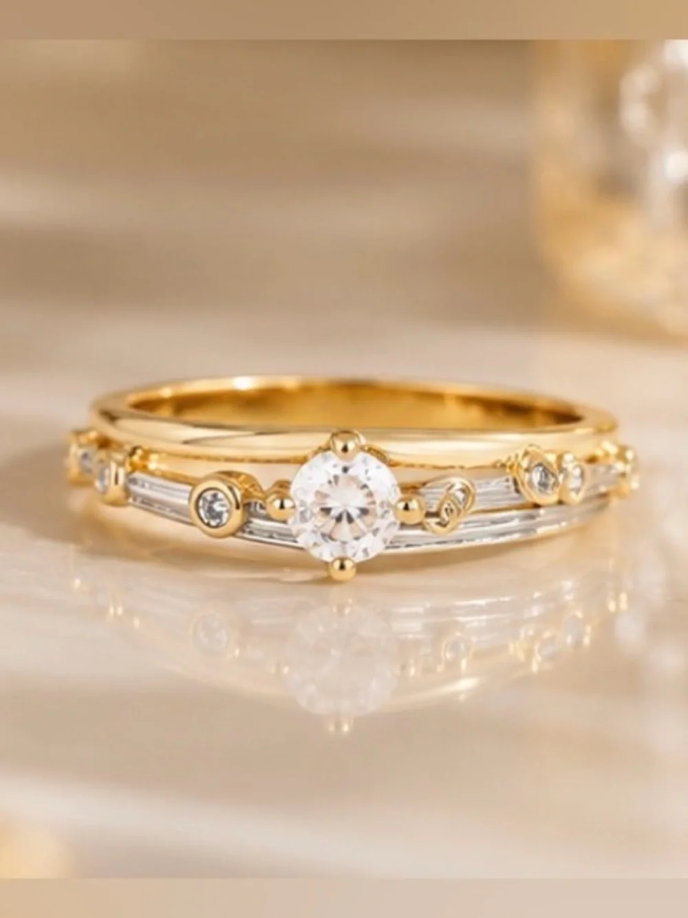 Luxury Gold Solitaire Ring with Round Cut Crystal Elegant Bridal Promise Ring